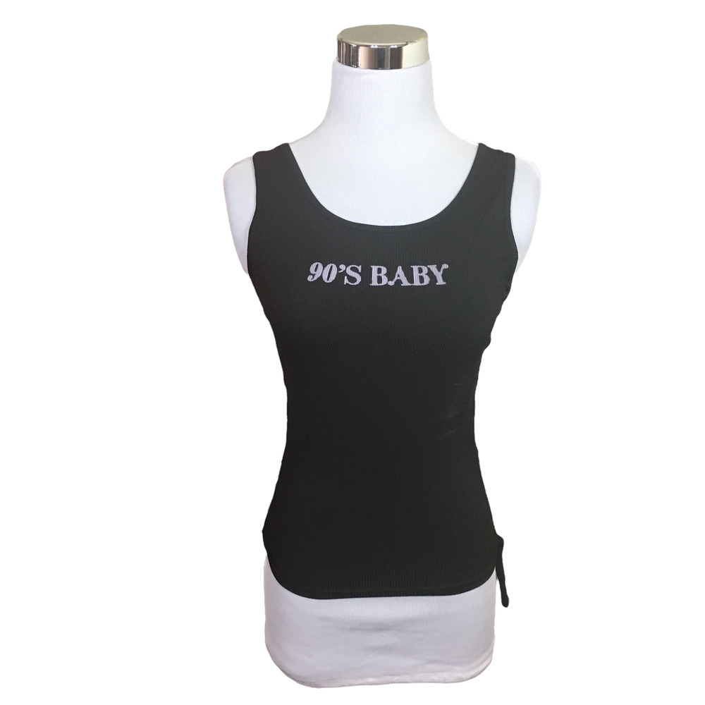 Shein Ribbed Tank Top Sleeveless "90s Baby" Black Cotton Blend Size 4